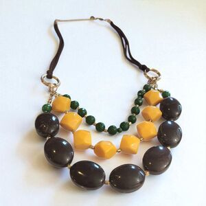 1946 Chunky Acrylic Glass Triple Strand Bead Bib Necklace Green Brown Orange 24”